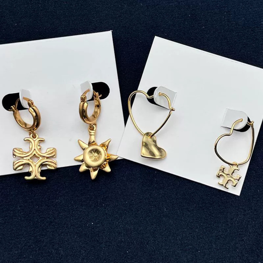 Tory Burch Gold Plated Copper Asymmetric Heart Letter Sunflower Earrings